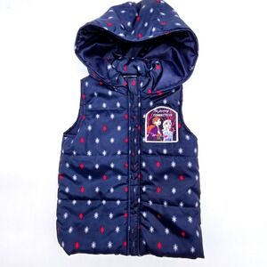 Disney Frozen II Kids Puffer Vest Star Print Hooded Navy Blue Size 3T
